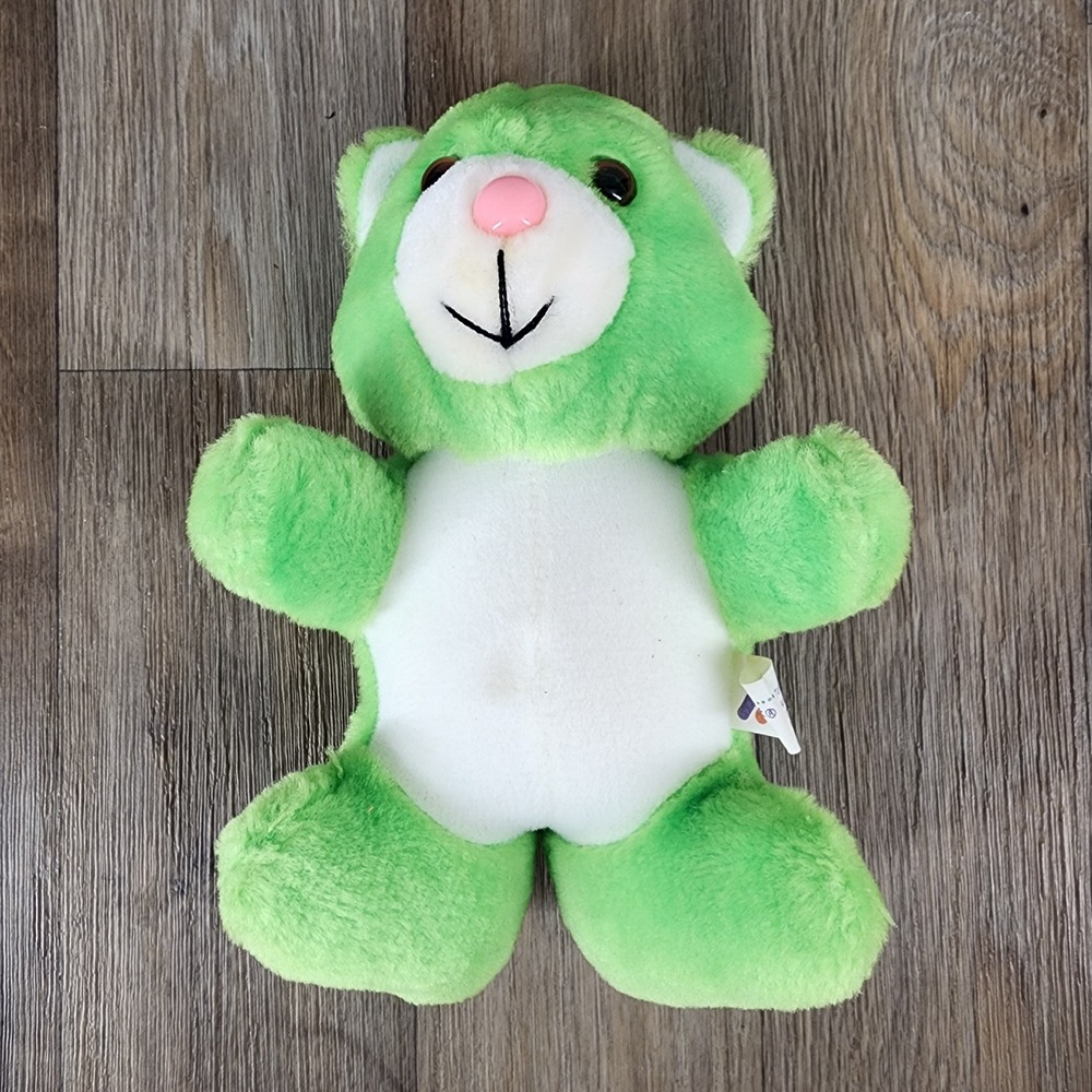 Vtg‎ Acme Lime Green Teddy Bear White Belly Pink Nose Plush Stuffed Animal 9"